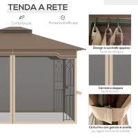Gazebo da Giardino con Zanzariera, Doppio Tetto e Struttura Metallo, 3.7x3m Marrone e Beige