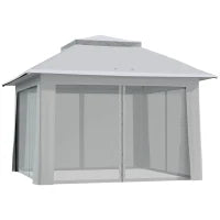 Gazebo Pieghevole Pop-Up con Borsa a Rotelle in Acciaio, Tessuto Oxford, Rete, 3.64x3.64x2.94m, Grigio