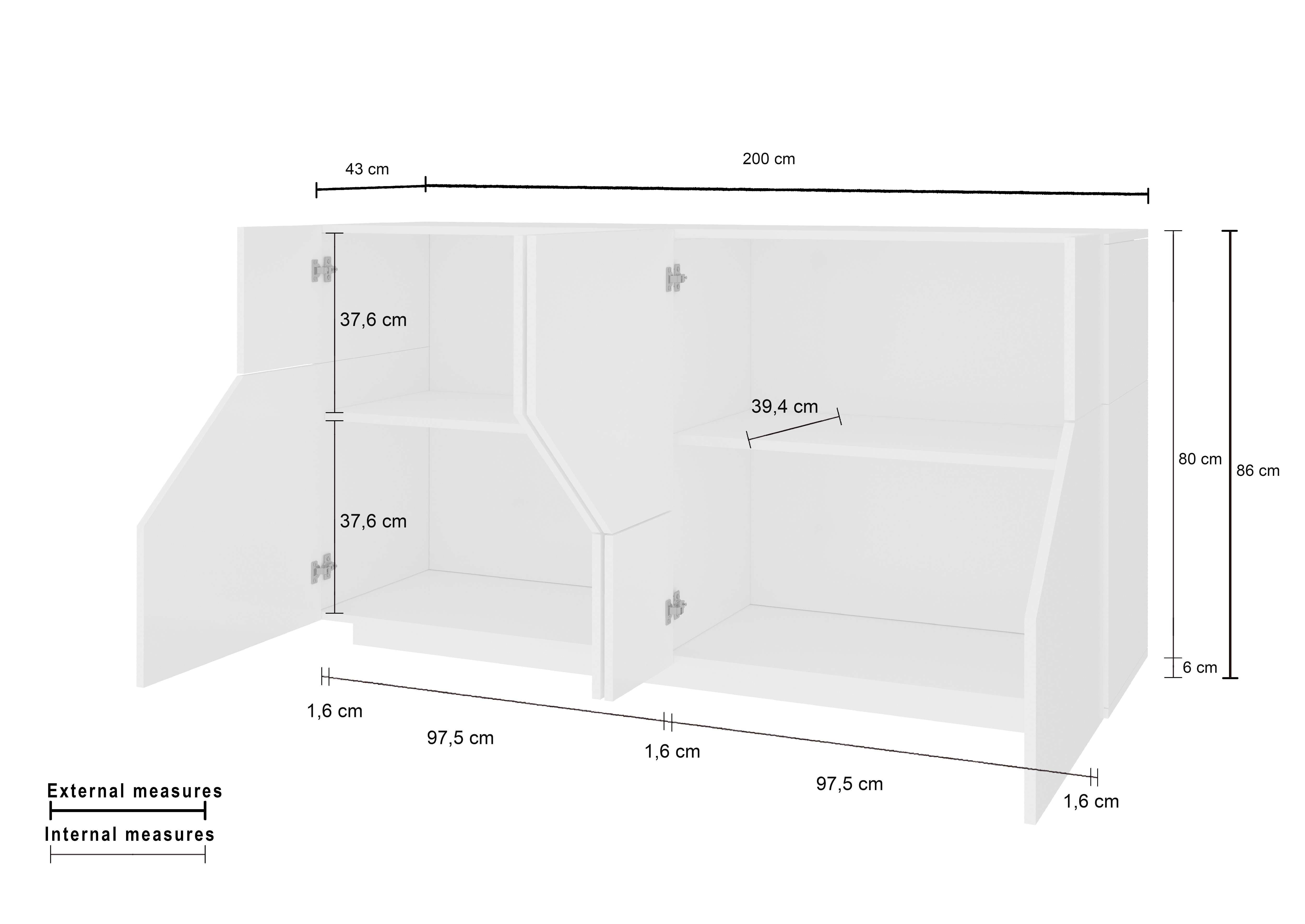 Credenza 200x43cm mobile cucina soggiorno 4 vani bianco Hariett