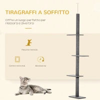 Albero Tiragraffi per Gatti a 4 Livelli con Altezza Regolabile, Grigio, 43x27x228-260cm
