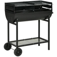 Barbecue in Acciaio con 2 Griglie Indipendenti, 2 Ruote e Ripiano Inferiore | Nero | 90cm x 45cm x 96cm