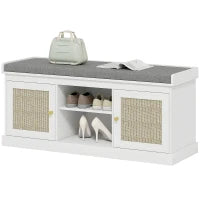 Panca Porta Scarpe con Ante Frontali in Rattan e Ripiani Regolabili 105x35x47 cm Bianco