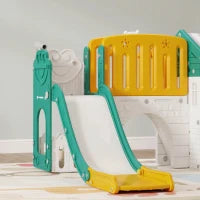 Scivolo 7-in-1 per bambini, per interno ed esterno, con struttura da arrampicata, casetta, lavagna, canestro da basket, 1-4 anni, in plastica, Giallo e Verde