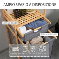 Cesto Portabiancheria con 2 Scomparti e Ruote, Sacchi in Tessuto e Struttura in Bambù, 42x35x84.5cm