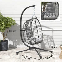 Sedia Sospesa in Rattan a Uovo con Cuscino e Poggiatesta, Altezza Regolabile e Seduta Richiudibile, Grigio
