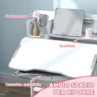 Set Scrivania e Sedia per Bambini Regolabili, Banco Scuola con Piano Inclinabile, Cassetto, Scaffale, Grigio
