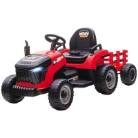 Trattore Elettrico per Bambini con Rimorchio Estraibile Batteria 12V Velocità 3-5 km/h, Telecomando 2,4G Rosso