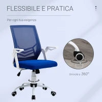 Sedia da Ufficio Ergonomica con Supporto Lombare, Braccioli Pieghevoli, Sedia da Scrivania Girevole in Rete Traspirante con Schienale Reclinabile e Altezza Regolabile, Capacità 120kg, Blu
