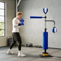 Sacco Boxe da Terra 4 in 1 con 2 Speedball, Barra Girevole e Sacco, Altezza Regolabile, in Acciaio, 107x36x140-205 cm, Blu