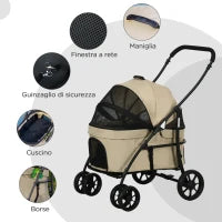 Passeggino per Cani Taglia Piccola con Tettuccio Regolabile e 2 Guinzagli, 81x68x98.5 cm, Nero e Khaki