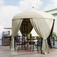 Gazebo da Giardino Rotondo Ø3m con Tende e Prese d'Aria in Metallo e Poliestere, Beige