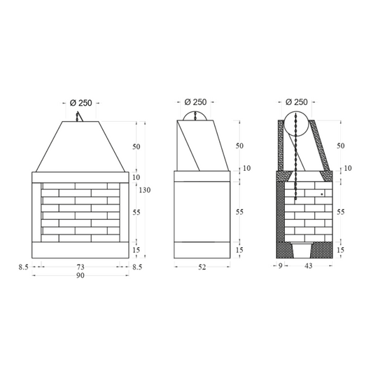 Camino a legna prefabbricato focolare aperto refrattario qr90ref parete calore