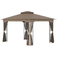 Gazebo da Giardino con Zanzariera, Doppio Tetto e Struttura Metallo, 3.7x3m Marrone e Beige