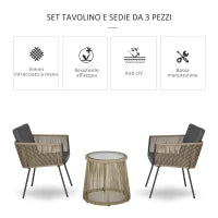 Set 2 Poltroncine con Tavolino da Esterno in Rattan PE Stile Boho, Cachi e Grigio