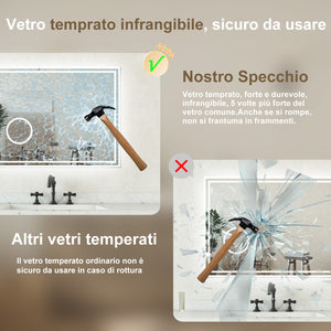 Specchio Luminoso da Bagno 120x70cm con Bluetooth, 3 Luci LED, Regolabile, Lente d'Ingrandimento, Orologio, Anti-Appannamento e Memoria