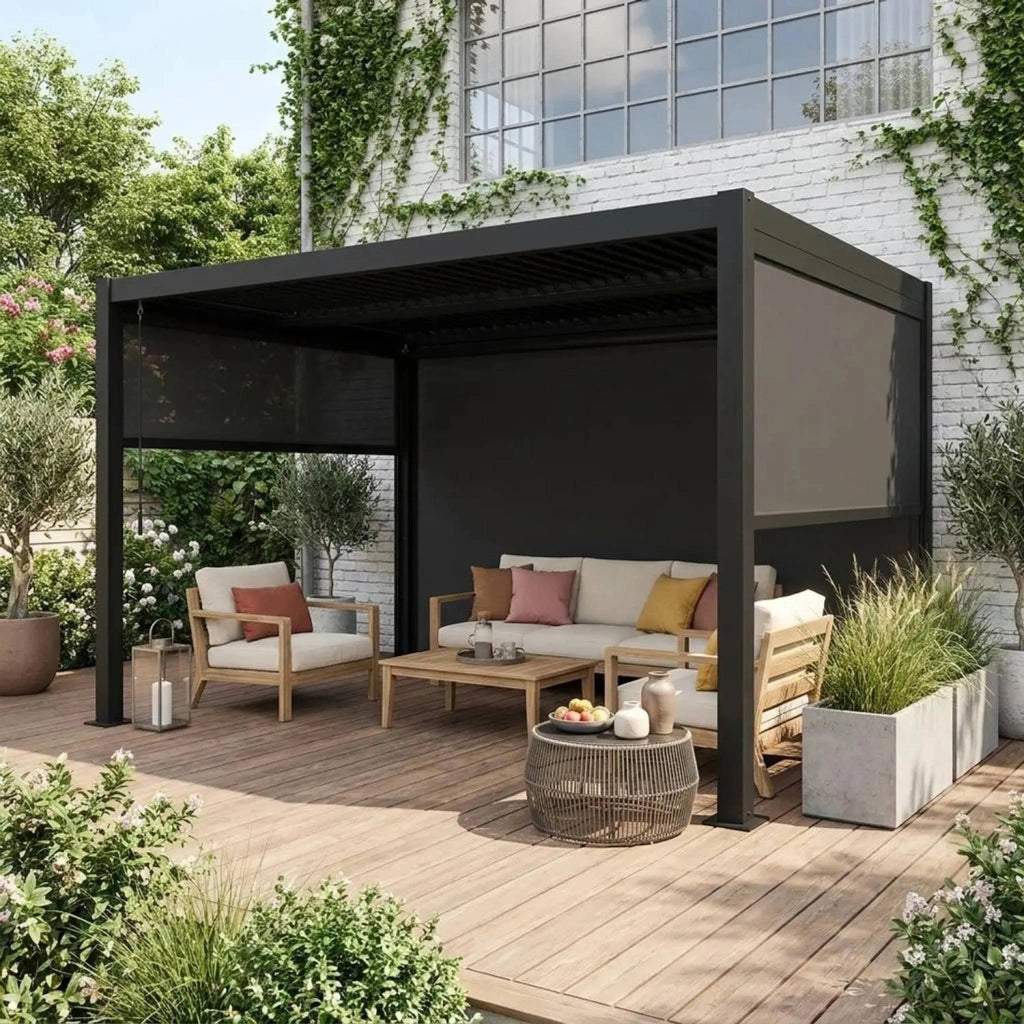 Pergola bioclimatica 3x4m in alluminio e acciaio +  2 tende 3m + 1