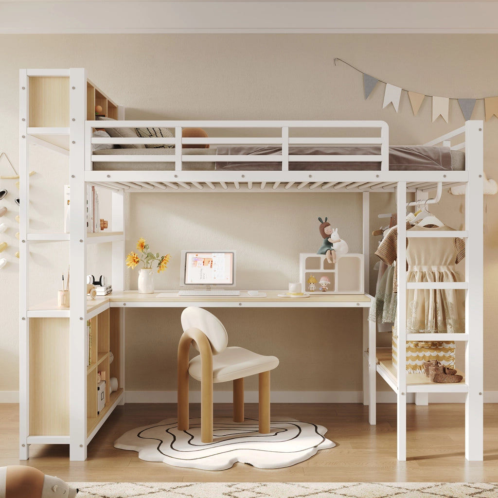 Letto a soppalco 90×200 cm con scrivania; guardaroba; ripiani e vani portaoggetti; senza materasso; metallo; bianco