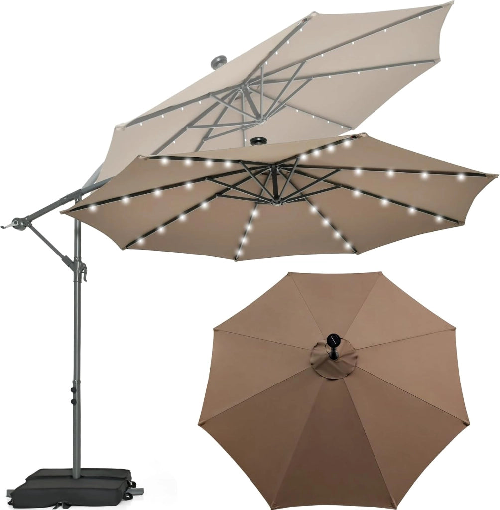 Ombrellone da Giardino con LED e Pannello Solare, Ombrellone Parasole con Sacchi di Sabbia, Anti UV, Impermeabile, Regolabile ad Angolo, Ombrellone da Giardino 3x3 con Manovella