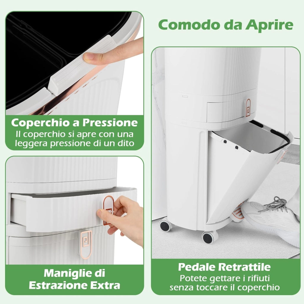 42 L（12+12+14+4 L） Pattumiera Differenziata, Secchio Spazzatura a 3 Scomparti con Cassetto e Coperchi, 2 Secchi Rimovibili Pedale e Ruote, Bidoni Differenziata per Bagno Cucina Ufficio