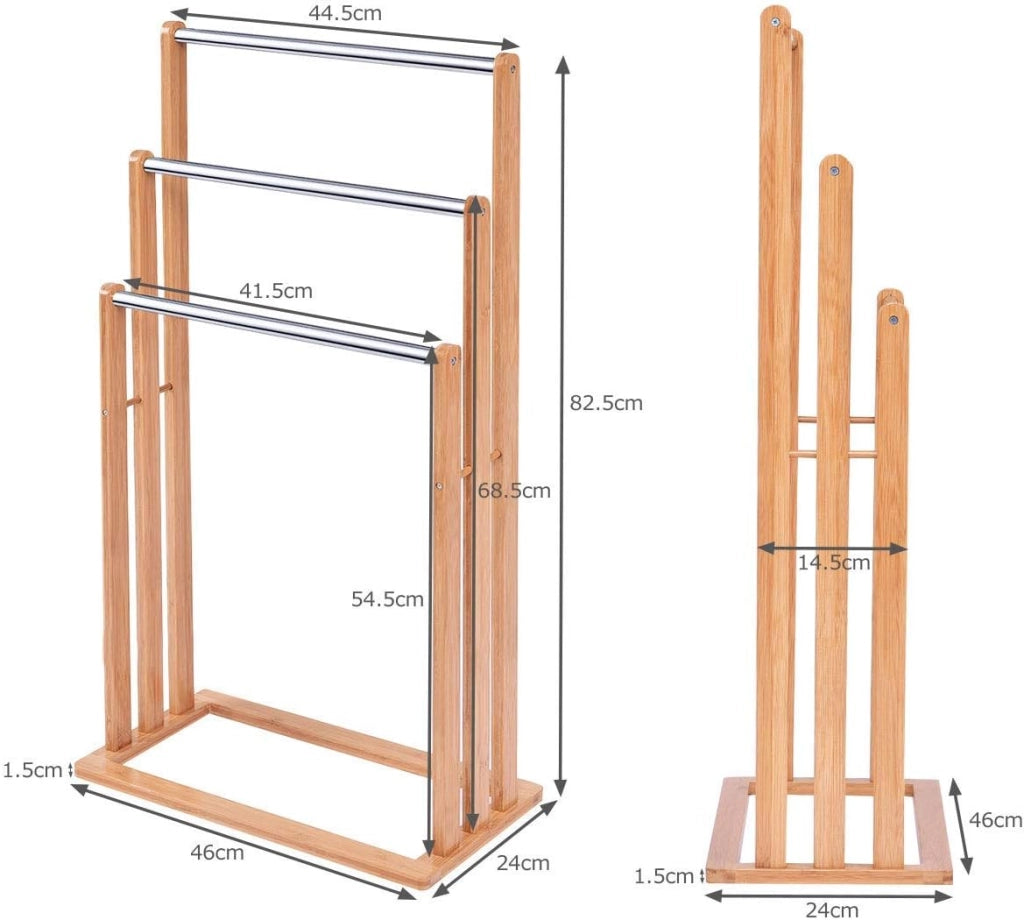 Portasciugamani in Bambù da Terra 46x24x84cm, Mobile Bagno con 3 Aste per Asciugamano in Acciaio Inox, Colore Naturale