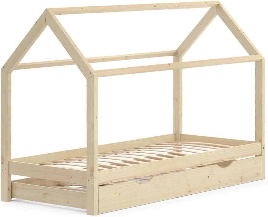 Letto da casa Wiki, Legno naturale, 90x200 cm con letto per ospiti, in legno massello con protezione anticaduta e rete a doghe