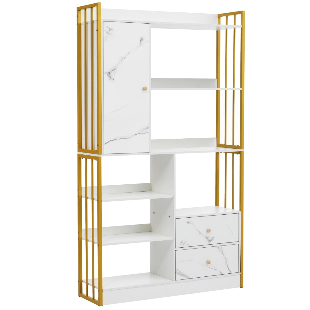 Libreria 100x30x173，5 cm in truciolato bianco e oro， 6 livelli