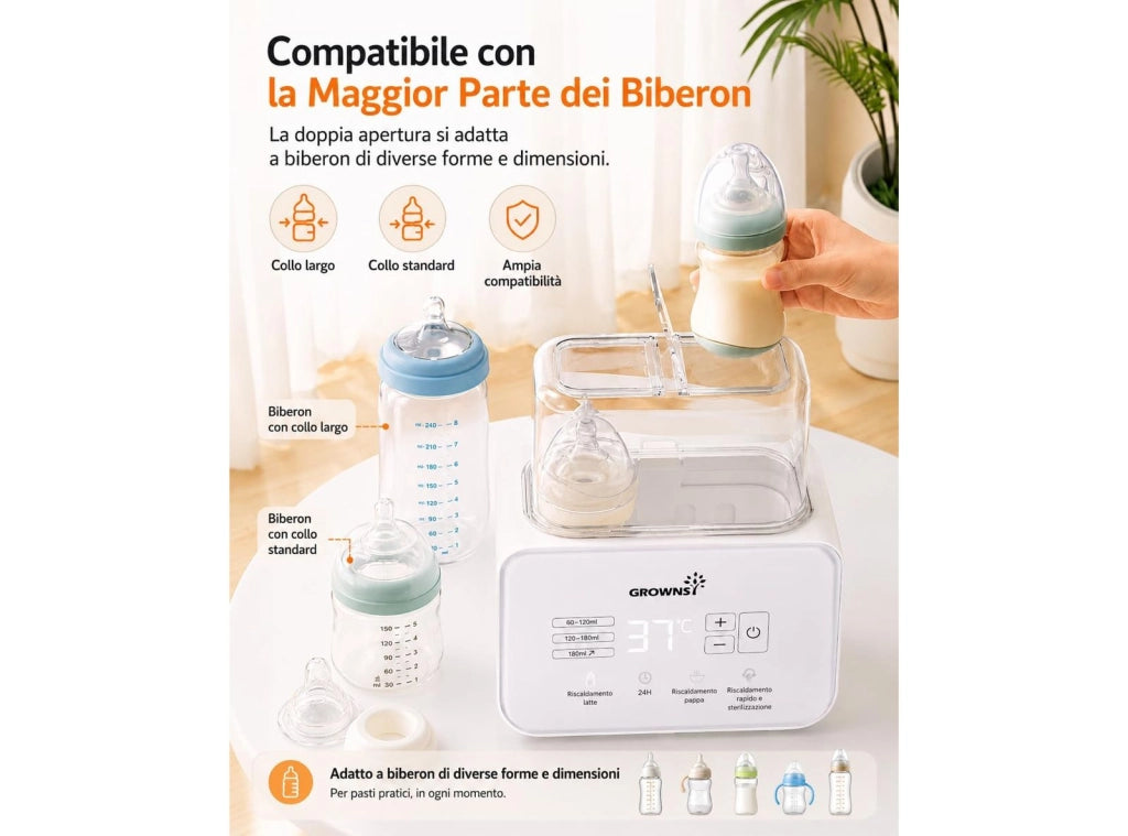 Scaldabiberon Doppio 9 in 1 con Sterilizzatore Controllo Preciso della Temperatura con Display LCD Mantiene in Caldo per 24 Ore Scongelamento e Scaldapappa Senza BPA Grownsy