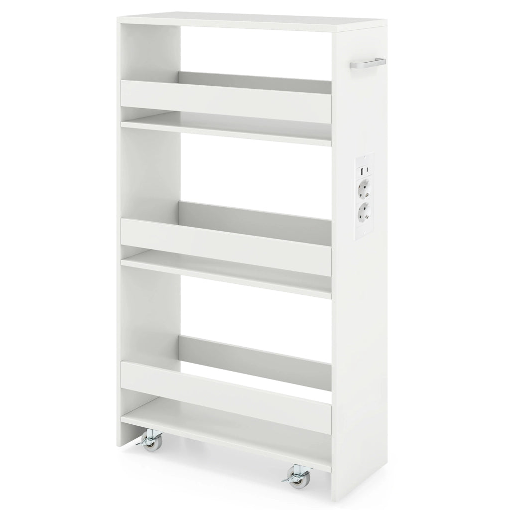 Carrello da cucina 4 ripiani con stazione di ricarica maniglia e parapetti-Scaffale stretto a sfilo con ruote bloccabili per cucina  Bianco 20cm