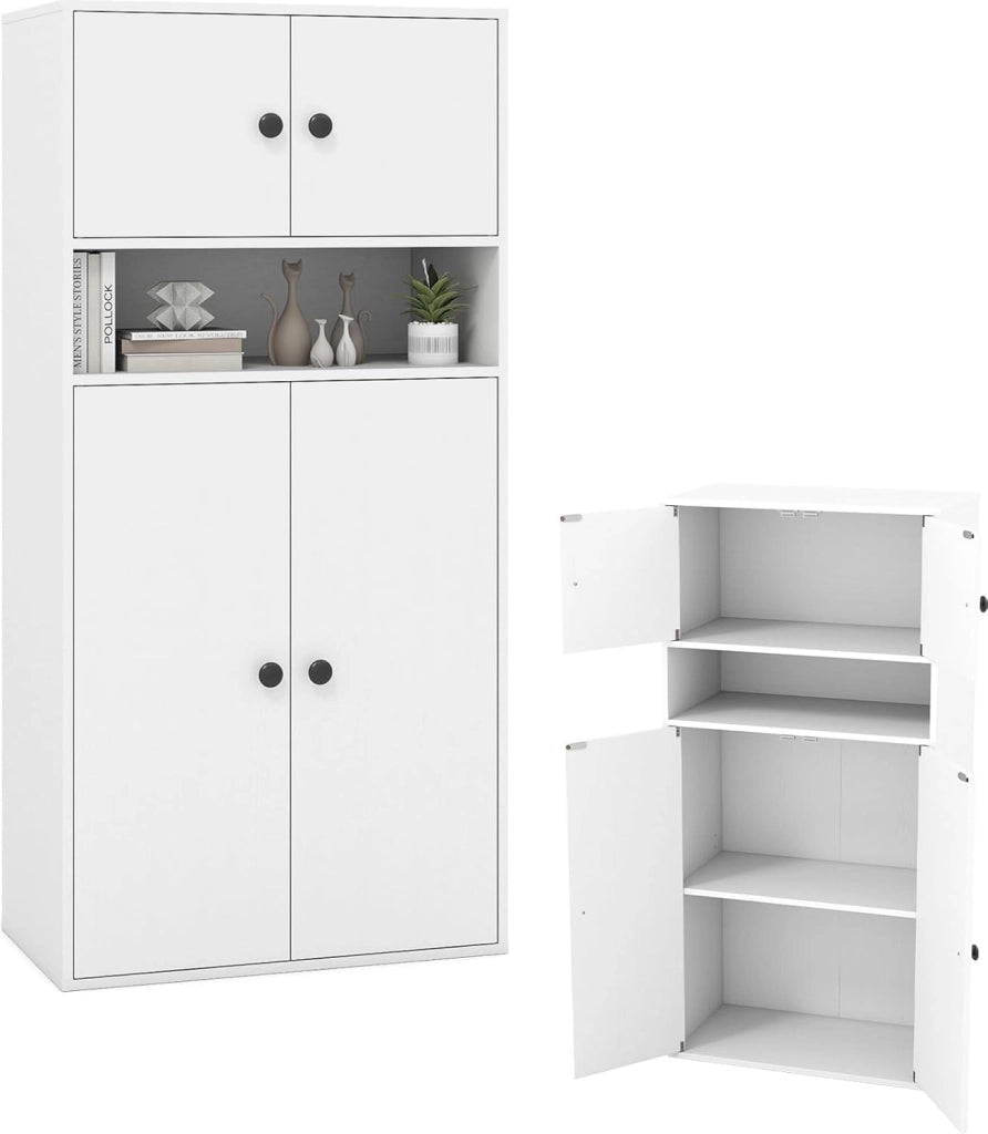 Libreria Verticale a 3 Ripiani, Libreria Chiusa con Ante e Ripiano Aperto, Mobile Soggiorno con Ripiano Regolabile a 5 Livelli, per Studio, Camera da Letto, Bagno, 54 x 30 x 111 cm (Bianco)