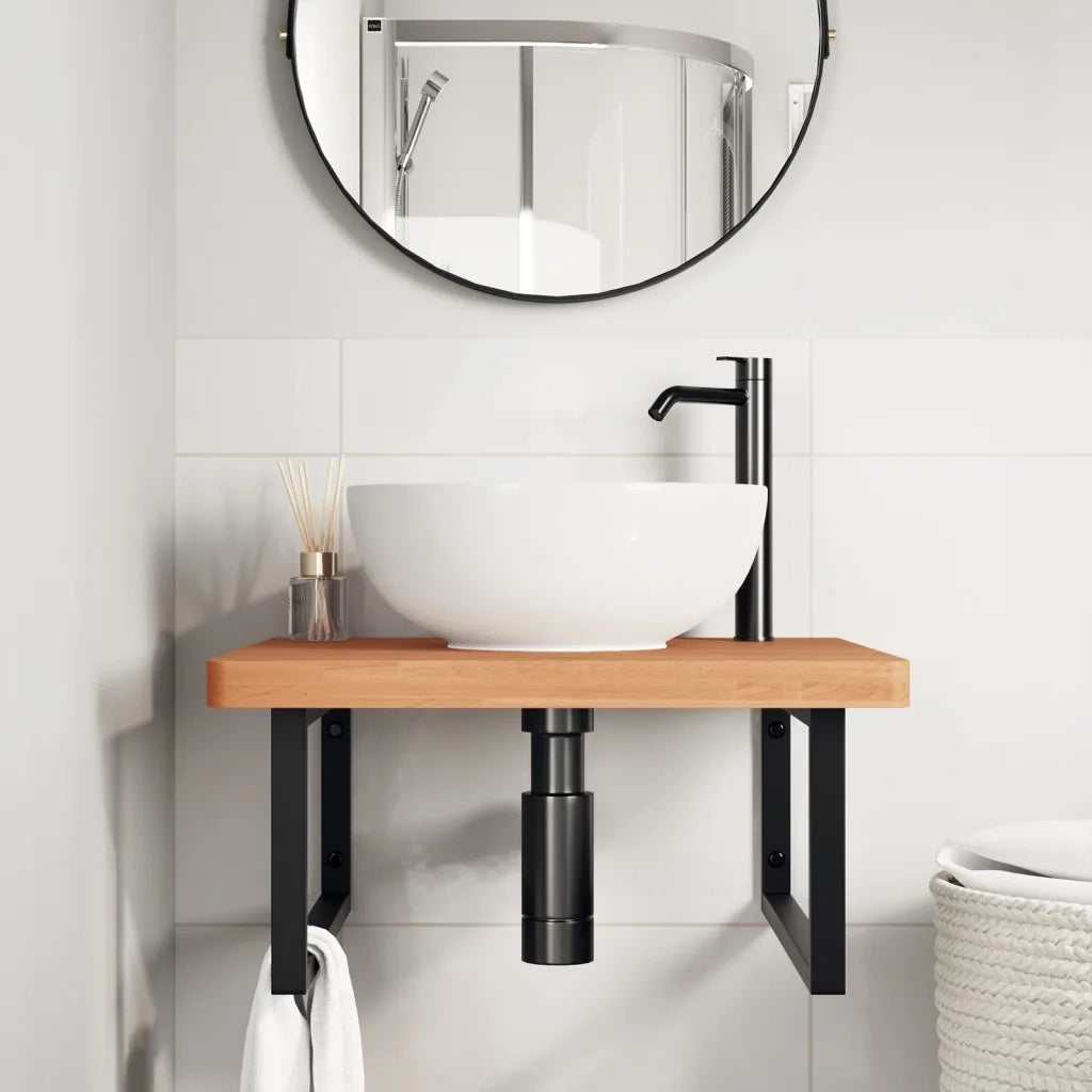 Ripiano a Parete per Lavabo-Mensole a Muro in Acciaio e Massello di Faggio 460416