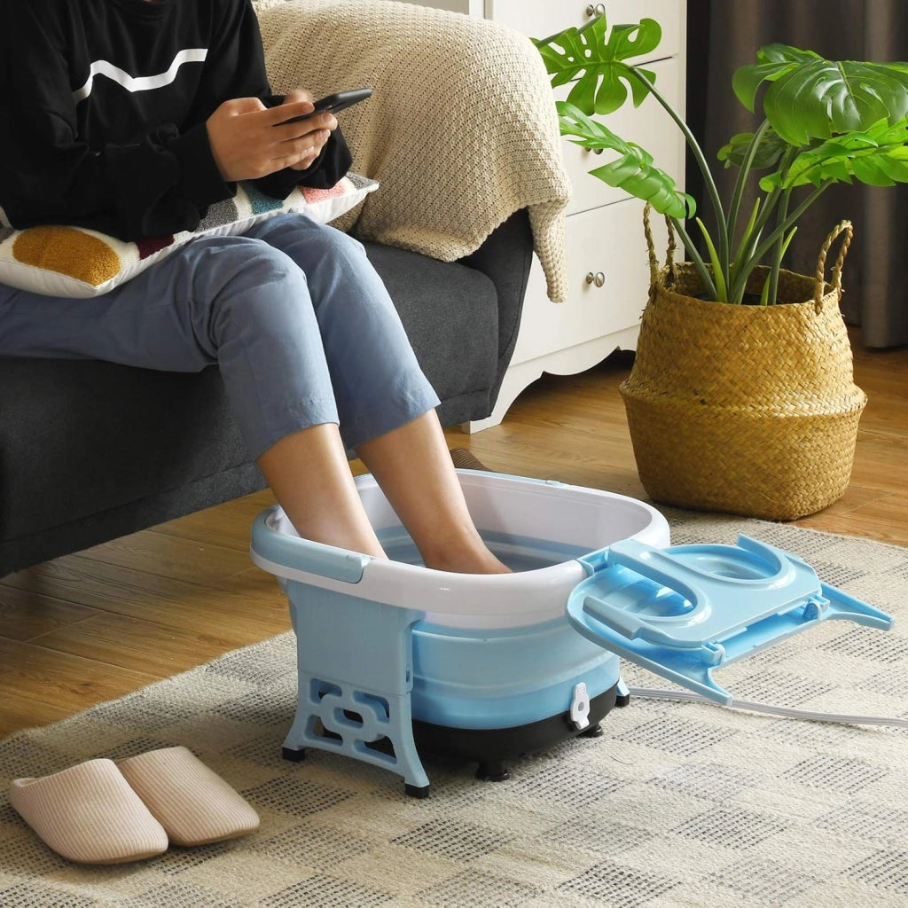 Massaggiatore Plantare Massaggiatore Piedi Elettrico, Massaggia Piedi Portatile, con Funzione Calore Bolle e Rulli Elettronici, Pieghevole Salvaspazio (Blu)