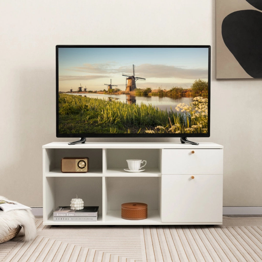 Armadio portaoggetti con 2 cassetti 4 cubi e piedini regolabili, Mobiletto espositore da pavimento per casa Bianco-Credenze buffet