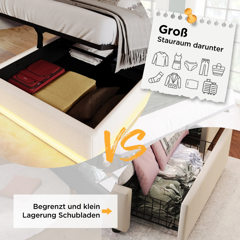 LETTO Imbottito 90x200 cm in PU Bianco con USB Tipo-C e LED, contenitore idraulico