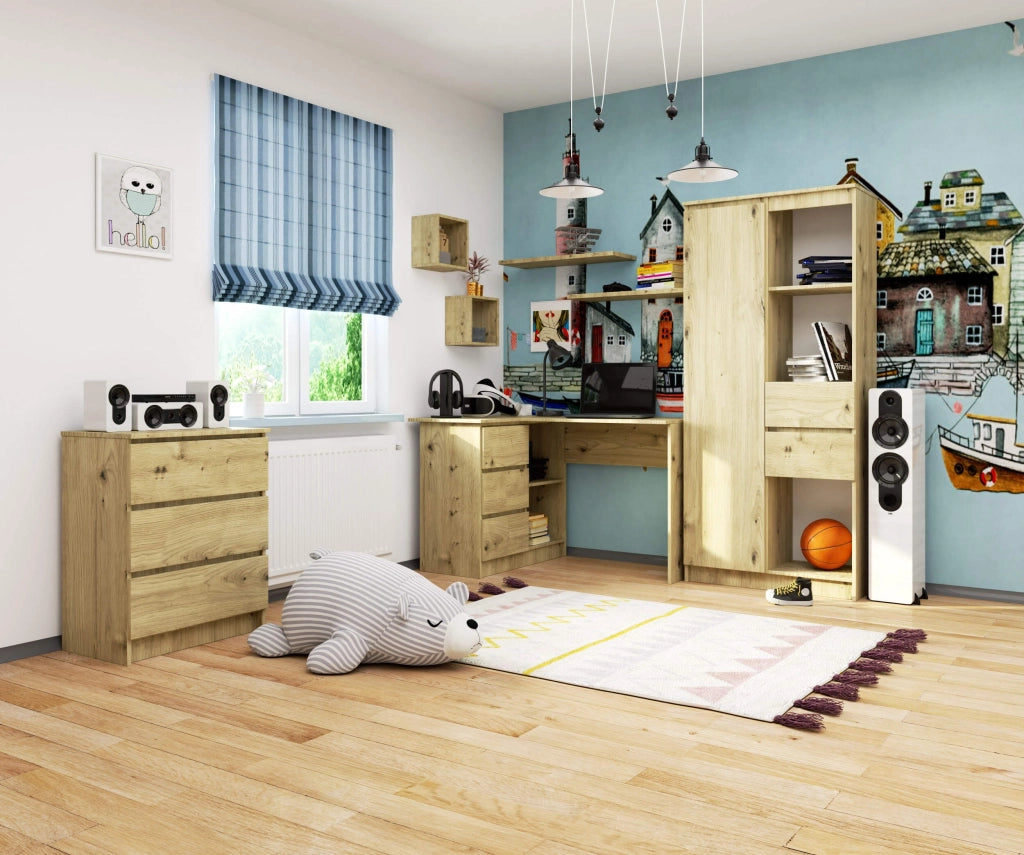 Scrivania angolare AKORD B16 Quercia Artisan 124 cm 3 cassetti 124x85x77 cm Modello a sinistra