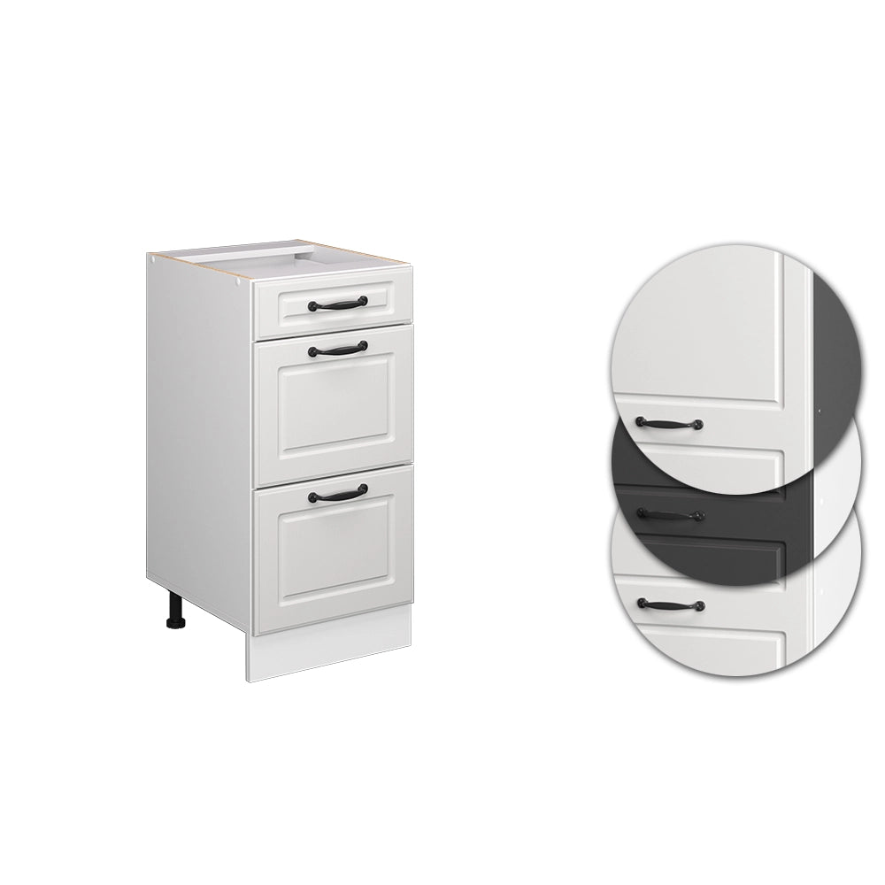 Mobiletto base per cucina R-Line Bianco rustico/Bianco 40 cm con cassetti, senza piano di lavoro Vicco