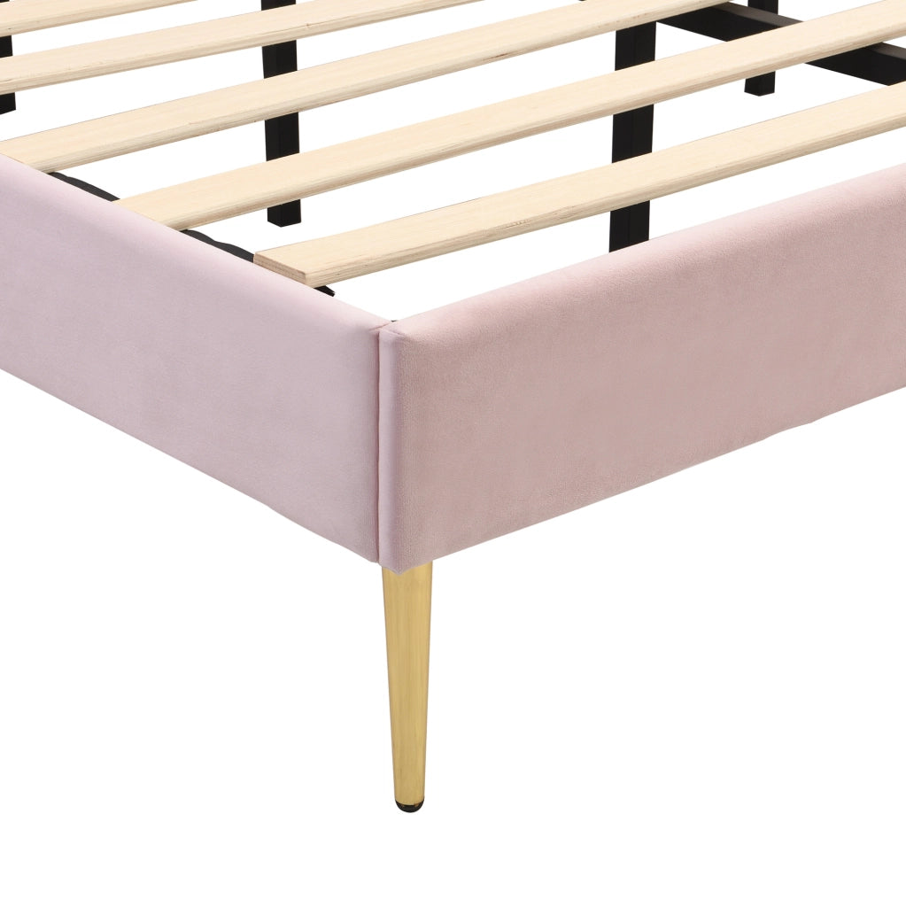 Letto matrimoniale imbottito 140x190 cm in velluto rosa con testiera regolabile e rete a doghe