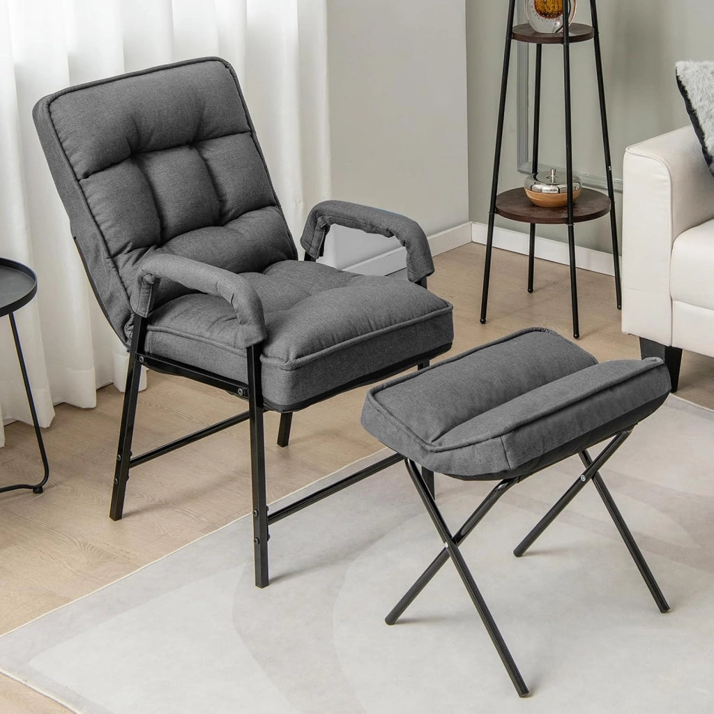 Poltrona Imbottita con Pouf Poggiapiedi Pieghevole, Schienale Alto Reclinabile a 5 Posizioni, Poltroncina Sedia Sdraio in Lino, Poltrona Moderna con Braccioli da Soggiorno Ufficio (grigio)