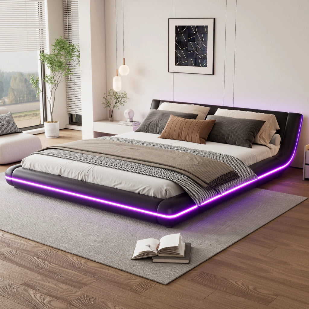 Letto a pavimento 160x200 cm con LED e controllo app in PU nero
