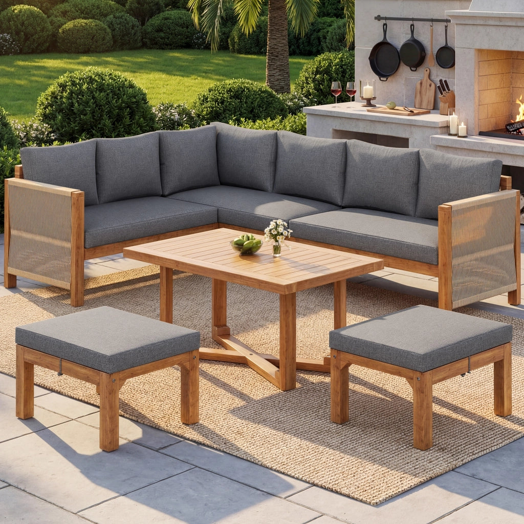 Set di mobili modulari da giardino in legno di acacia divano angolare 6 posti con cuscini 2 sgabelli e tavolo in legno di acacia traspirante e antischizzi per terrazza e giardino