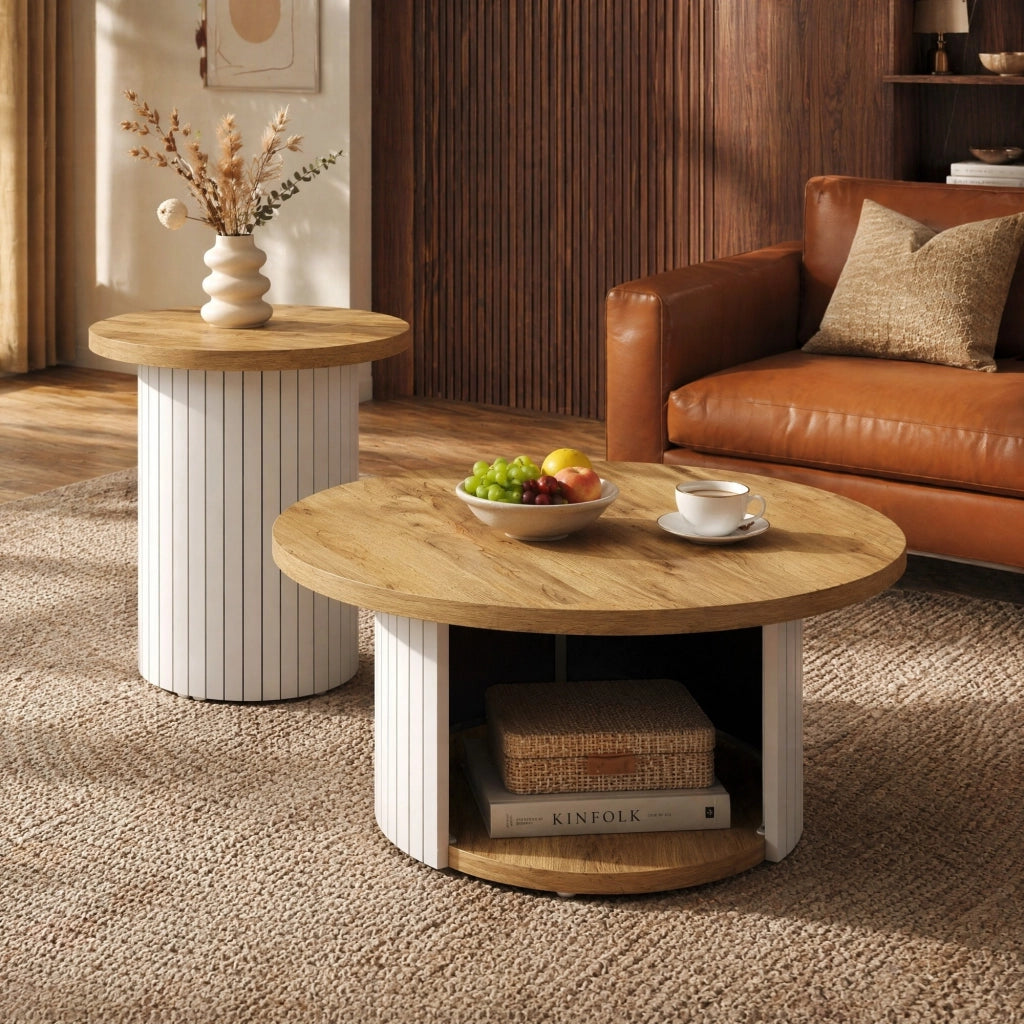 Set tavolini da salotto rotondi in MDF naturale; 75x75x50 cm e 45x45x35 cm