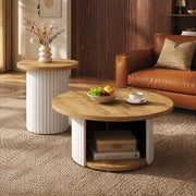 Set tavolini da salotto rotondi in MDF naturale; 75x75x50 cm e 45x45x35 cm
