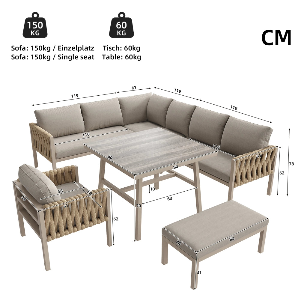 Set Divano Angolare da Giardino con Tavolino in Vetro ¨C MINIMAL ¨C Polyrattan Beige con Cuscini