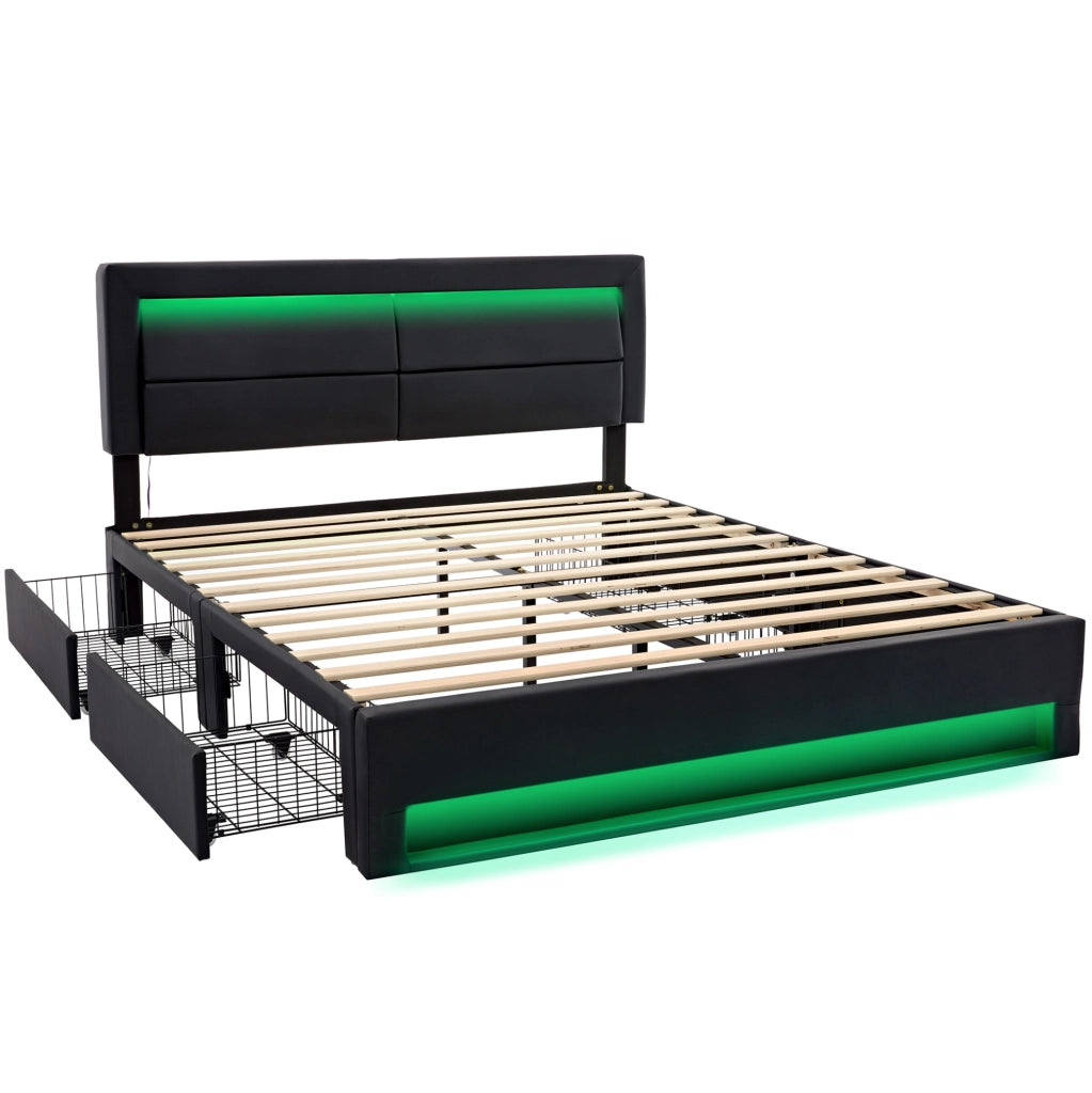 Letto imbottito 140x200 cm in PU nero con USB; LED e 4 cassetti