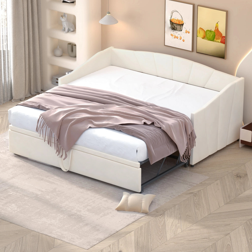 OKWISH Letto a Divano Estraibile 90×200 cm e 180×200 cm, Letto Singolo con Rete Estraibile e Braccioli, senza Materasso, Beige