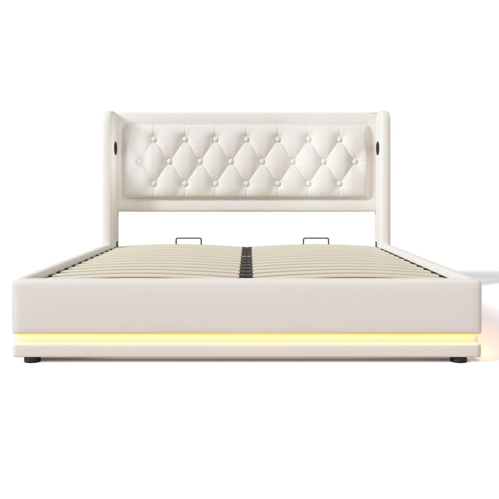 Letto matrimoniale 140x200 cm imbottito in PU bianco con contenitore; USB e LED