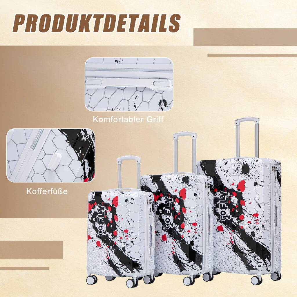 Set di 3 valigie da 20"/24"/28" in policarbonato con stampa fantasia e lucchetto a combinazione (nero)