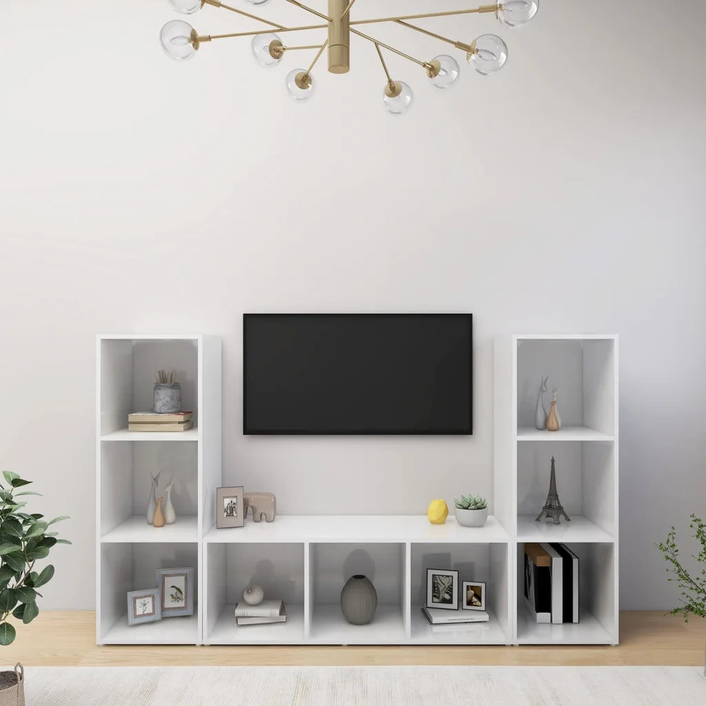Mobili TV 3 pz Bianchi 107x35x37 cm in Legno Multistrato