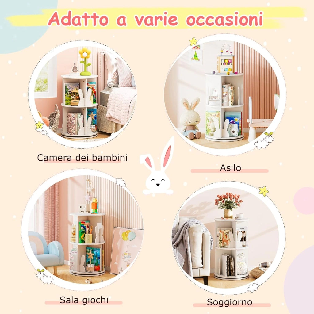 Libreria Girevole per Bambini, Scaffale Moderna in Legno a 2 Ripiani, Libreria Salvaspazio per Soggiorno, Camera da Letto e Studio, 40 x 65 cm (Bianco)