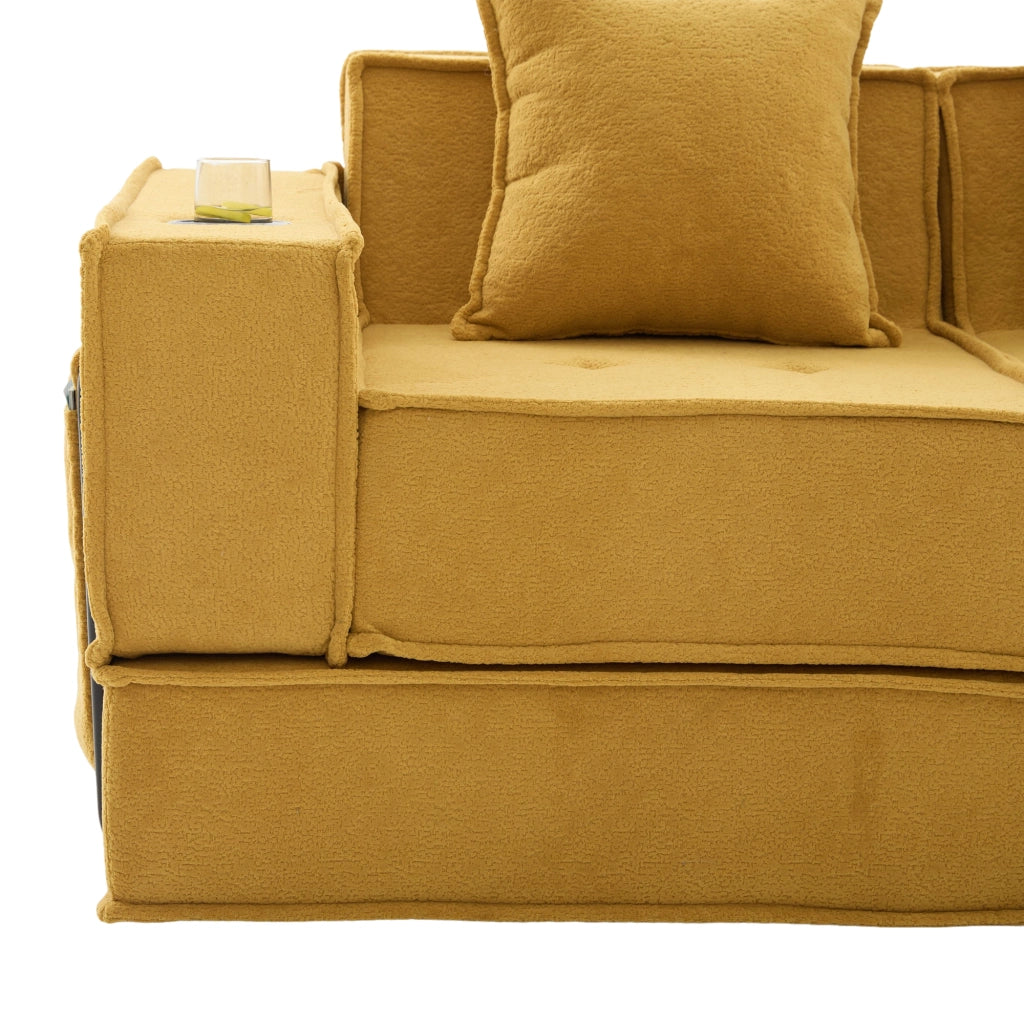 Pouf divano modulare in Chenille senape con 2 cuscini, tasche laterali e struttura bassa