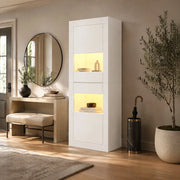 Vetrina con LED e 2 ante, 3 ripiani in vetro regolabili e 4 vani, per soggiorno e cucina, bianco, 61 × 42 × 162 cm